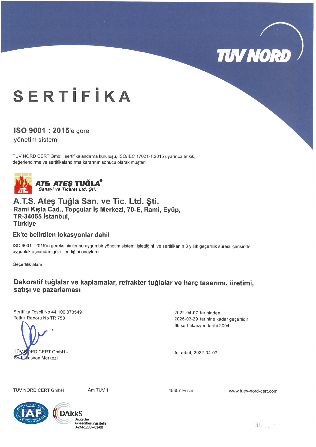 Сертификат ISO 9001 на клинкерную плитку EKOS, турецкий