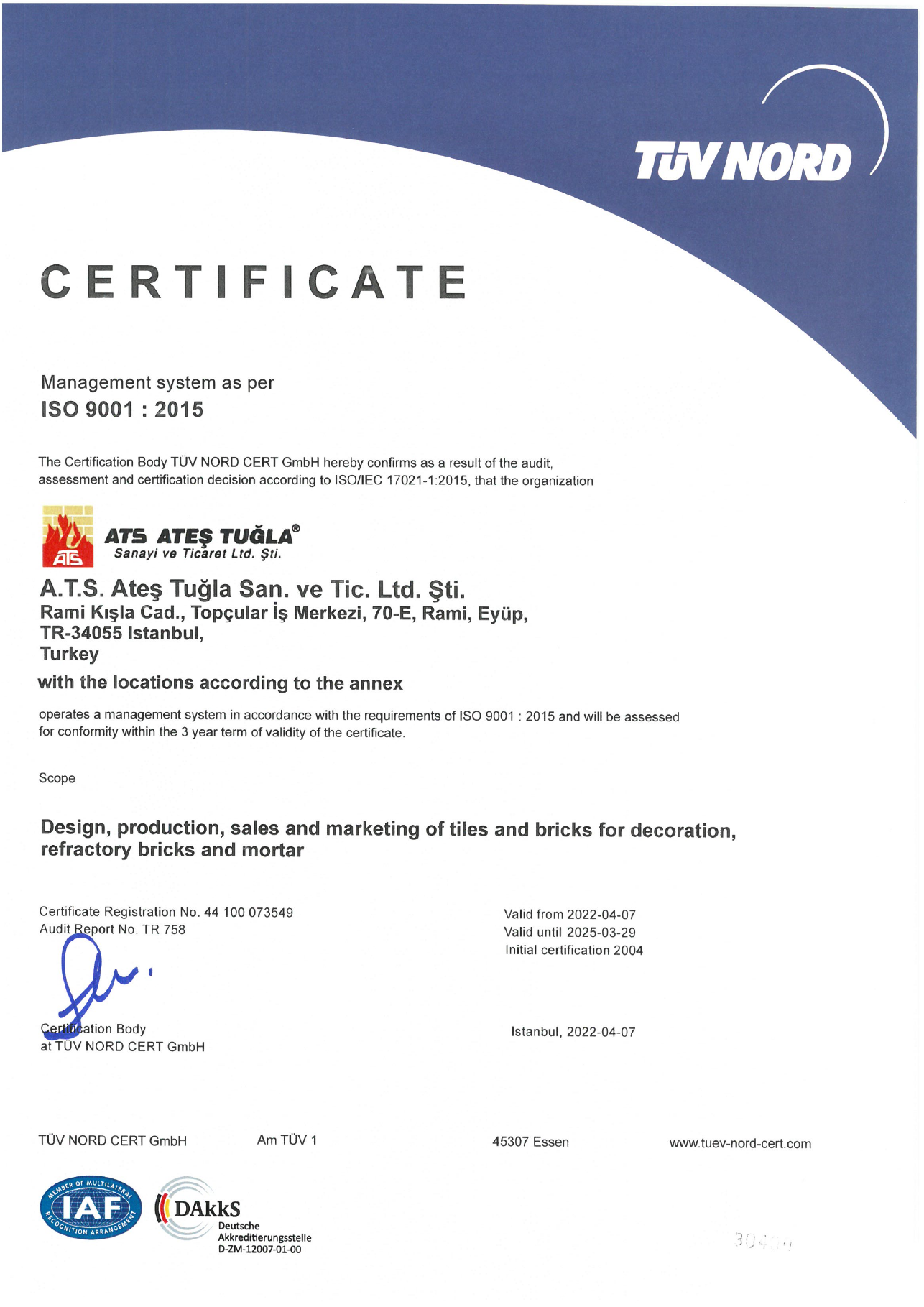 Сертификат ISO 9001 на клинкерную плитку EKOS